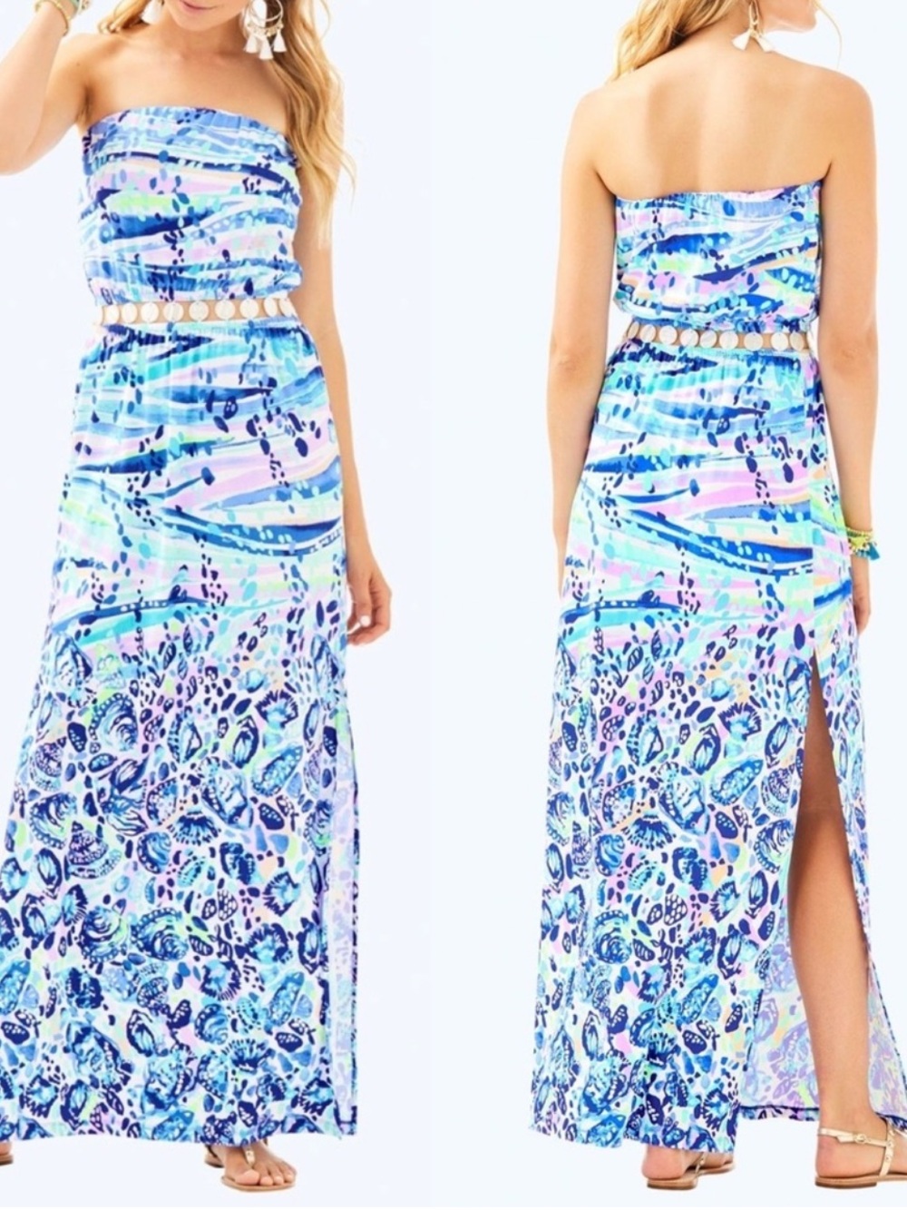 NEW Lilly Pulitzer Mika Cut Out Maxi Chasing Waves Blue Strapless Blue & Aqua XS